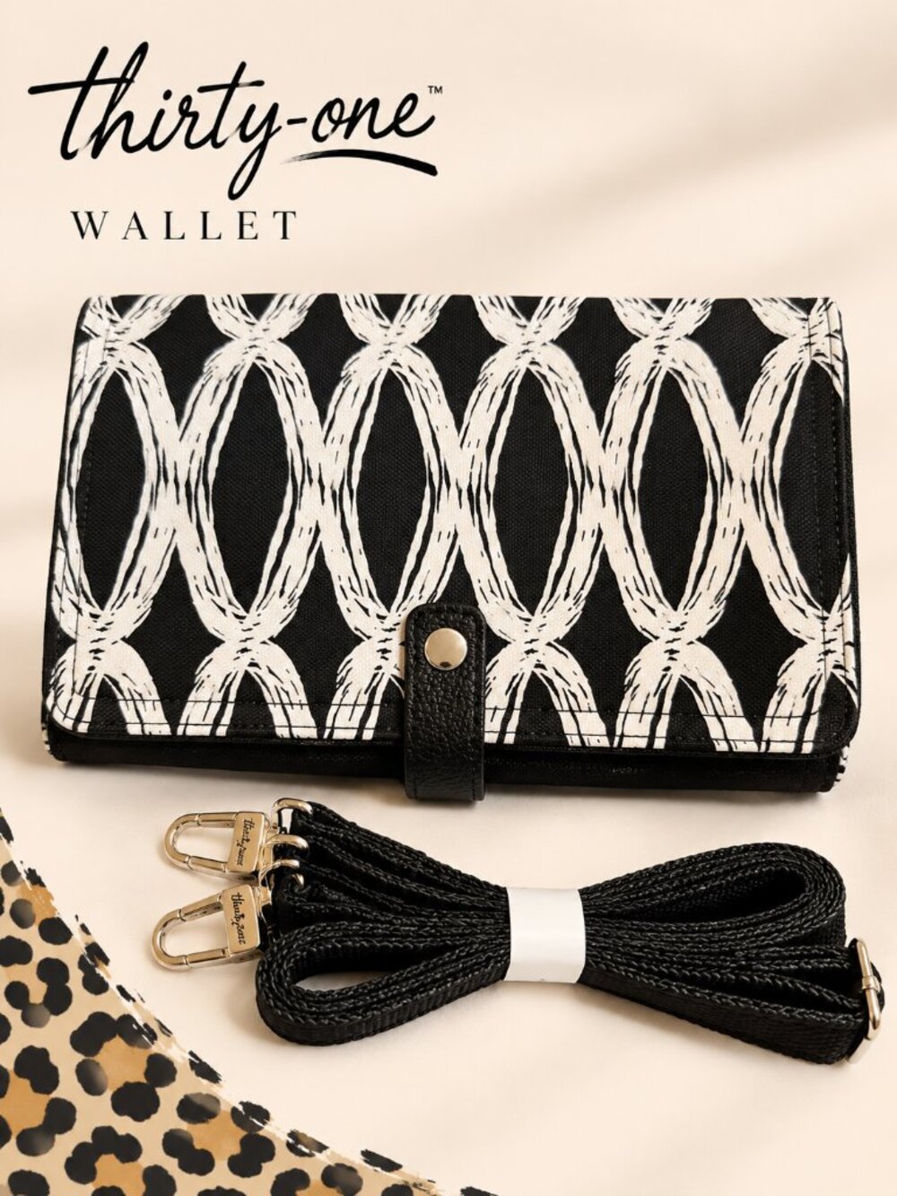 NWOT Thirty-One Double Up Crossbody Black Links Wallet Clutch Strap